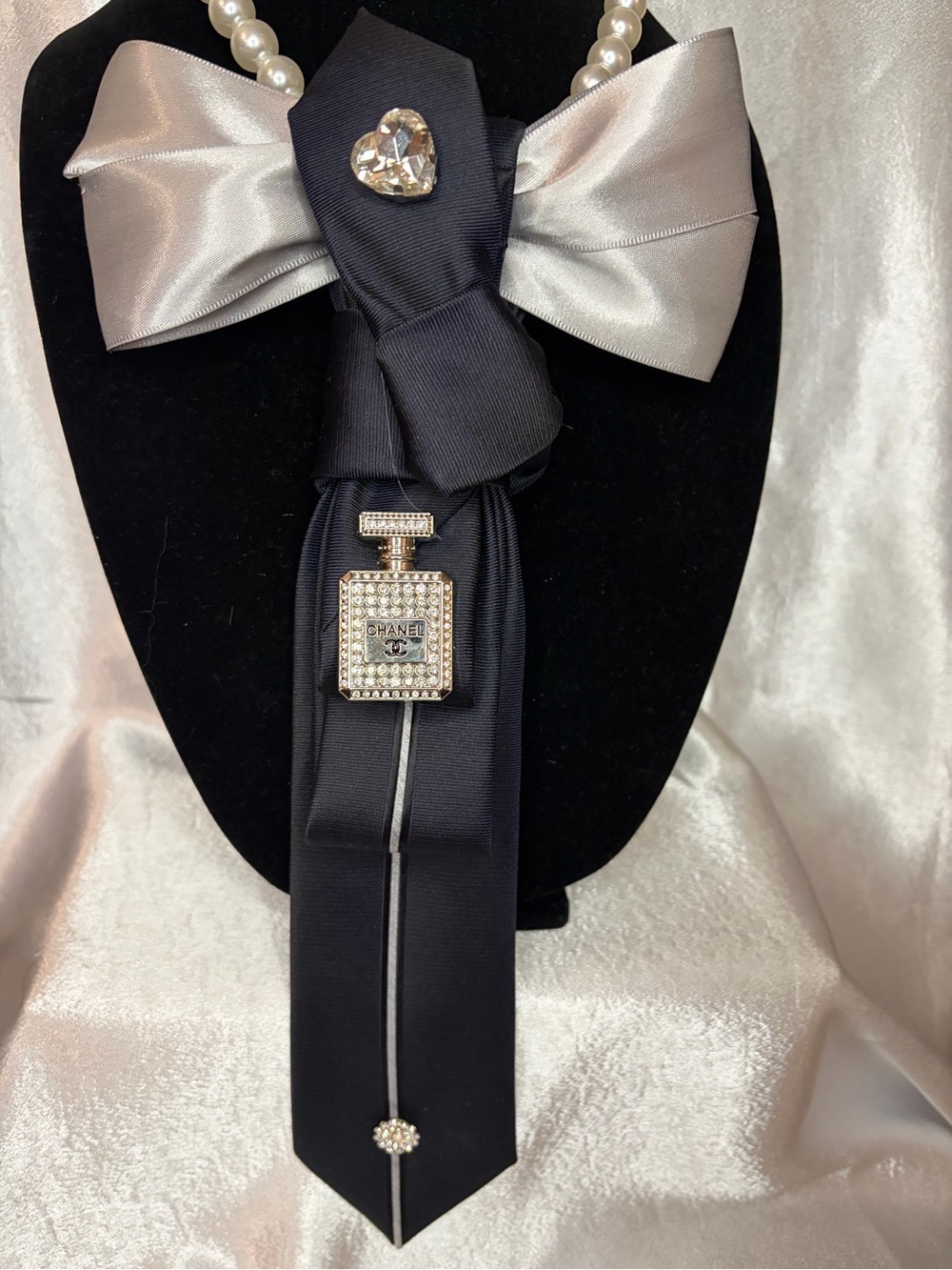 Express Black and Silver Satin Bow Necklace with Crystal Perfume Charm